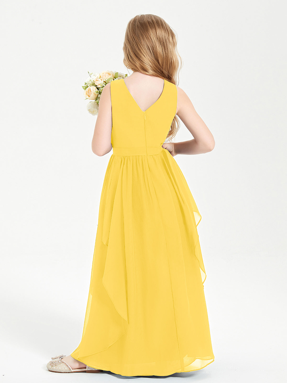 Boho Sleeveless Chiffon Junior Bridesmaid Dresses V-neck Marigold